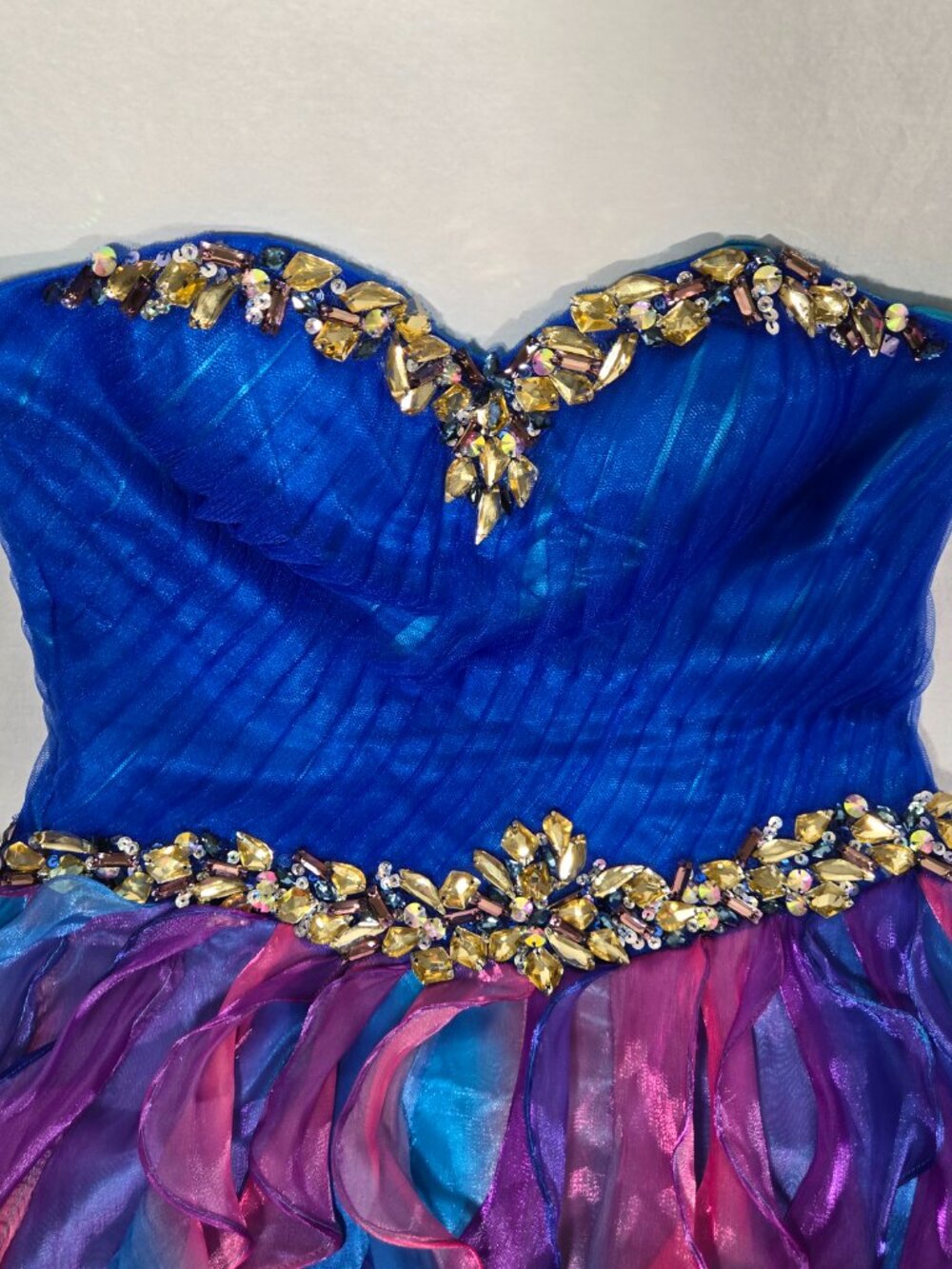 Y2K Vintage PRECIOUS FORMALS Blue-Ombre Strapless Ruffles Mini DRESS Size 8-12. - Picture 8 of 17